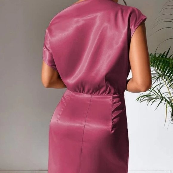 Pink Asymmetrical Neck Satin Mini Dress - Picture 7 of 8